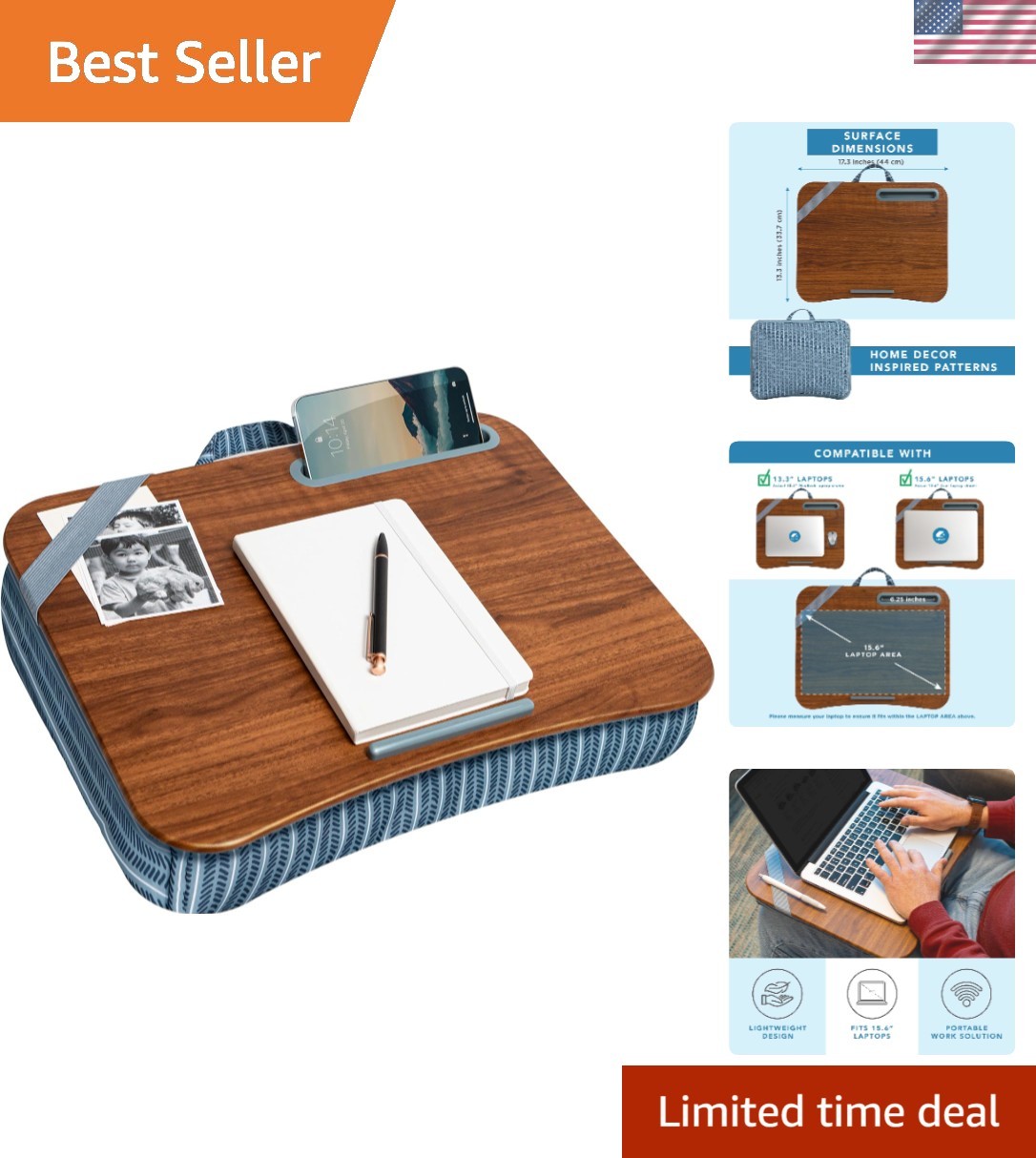 Modern Portable Lap Desk for 15.6” Laptops - Ultra-Comfort Cushion Included