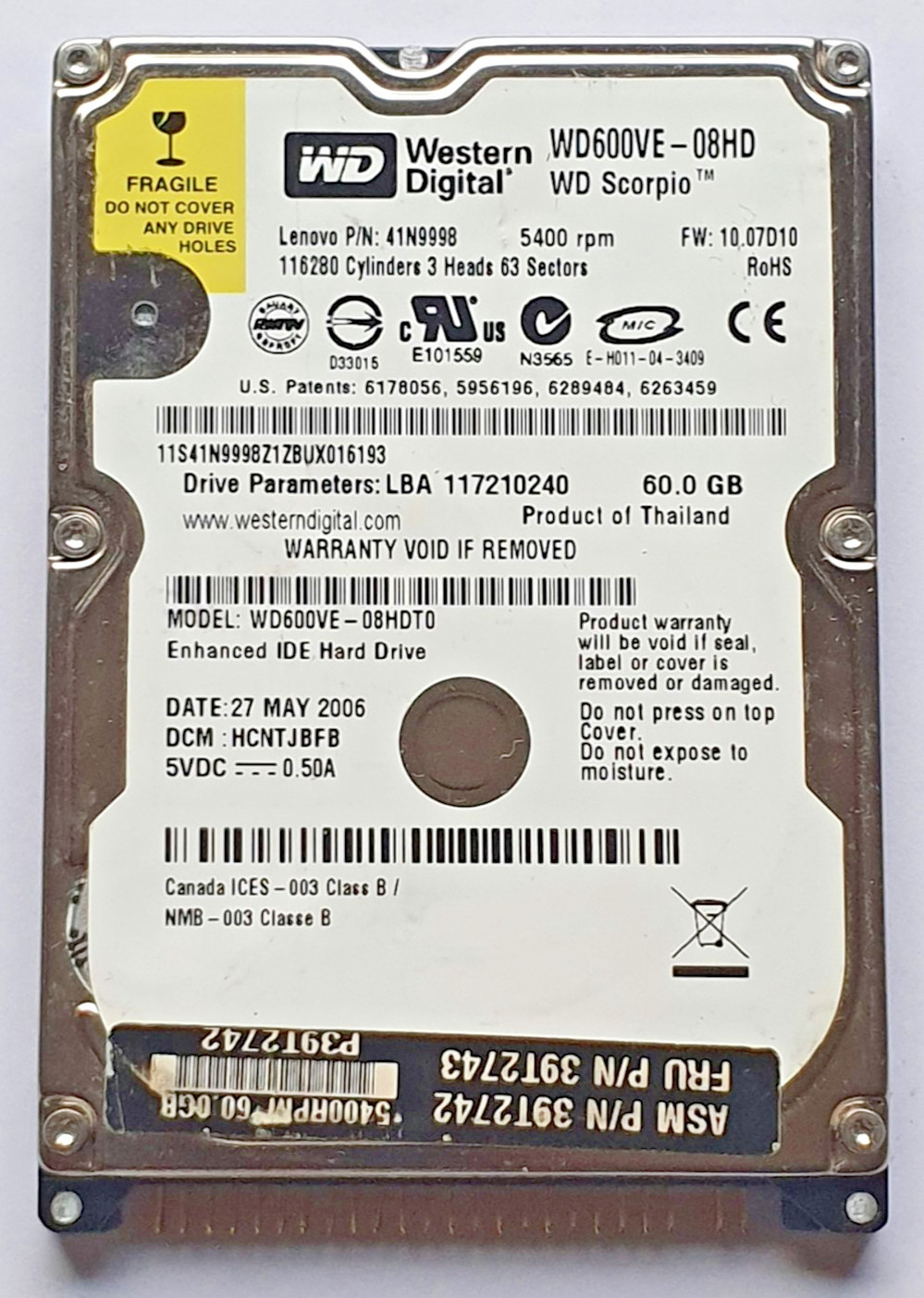 60GB IDE Western Digital WD600VE-08HDT0 P-ATA 5400RPM 8MB HDD 2.5" Hard Drive