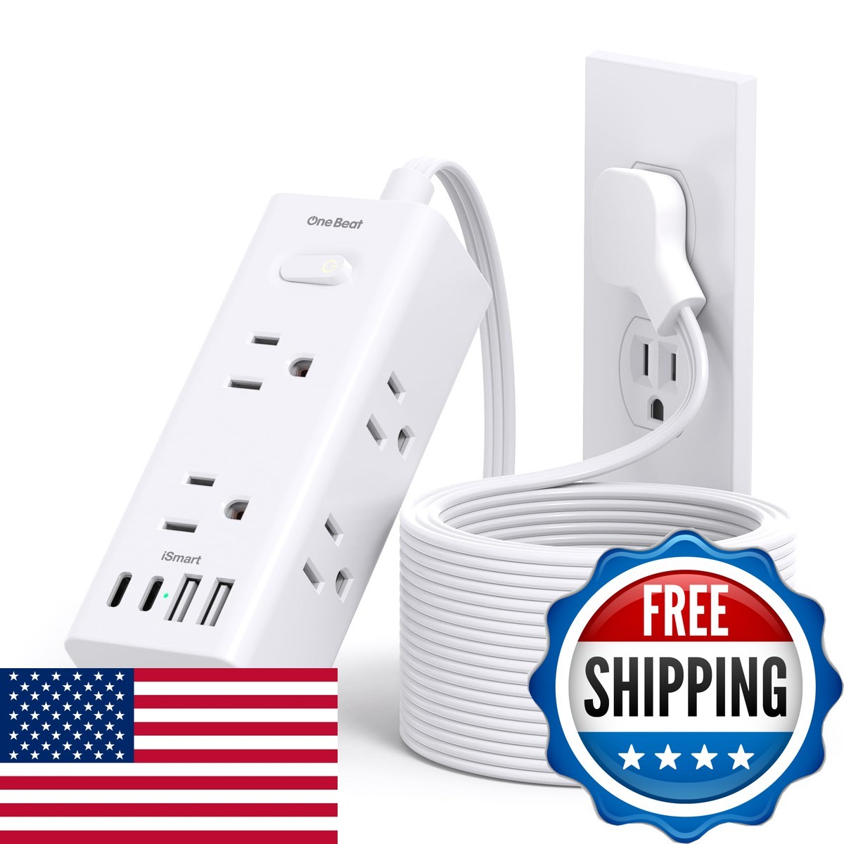 One Beat 15Ft Extension Cord Flat Plug Power Strip Multiple Outlets OB6W3CRM