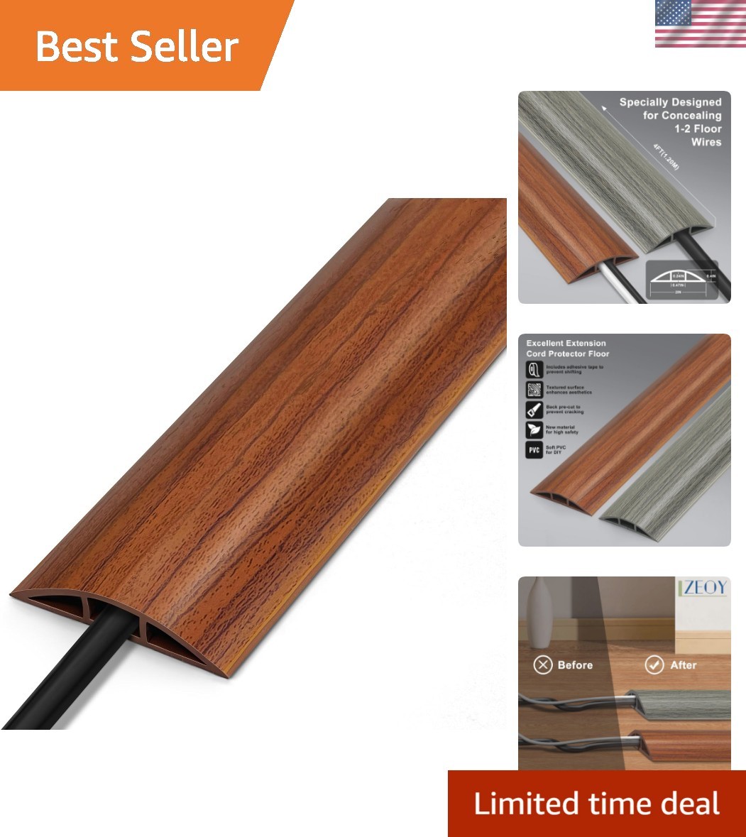 Floor Cord Cover 4FT, Walnut Wood Cord Hider Floor, Soft PVC Cord Protector F...
