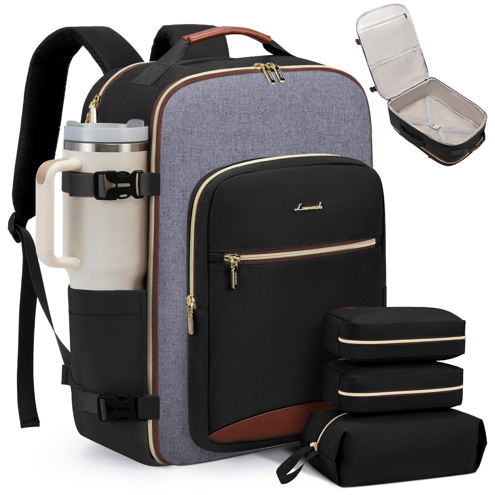 LOVEVOOK 40L Travel Backpack for Women & Men, Airline Large, Black-grey-brown