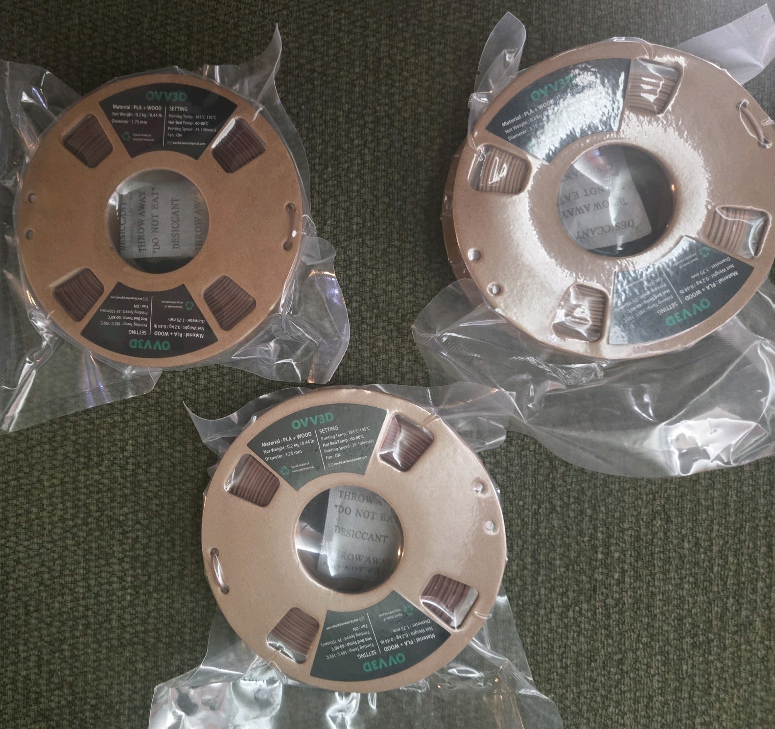 OVV3D Printer Filament 3-pack Trial Bundle, Cherry + Walnut +oak wood  1.75mm 