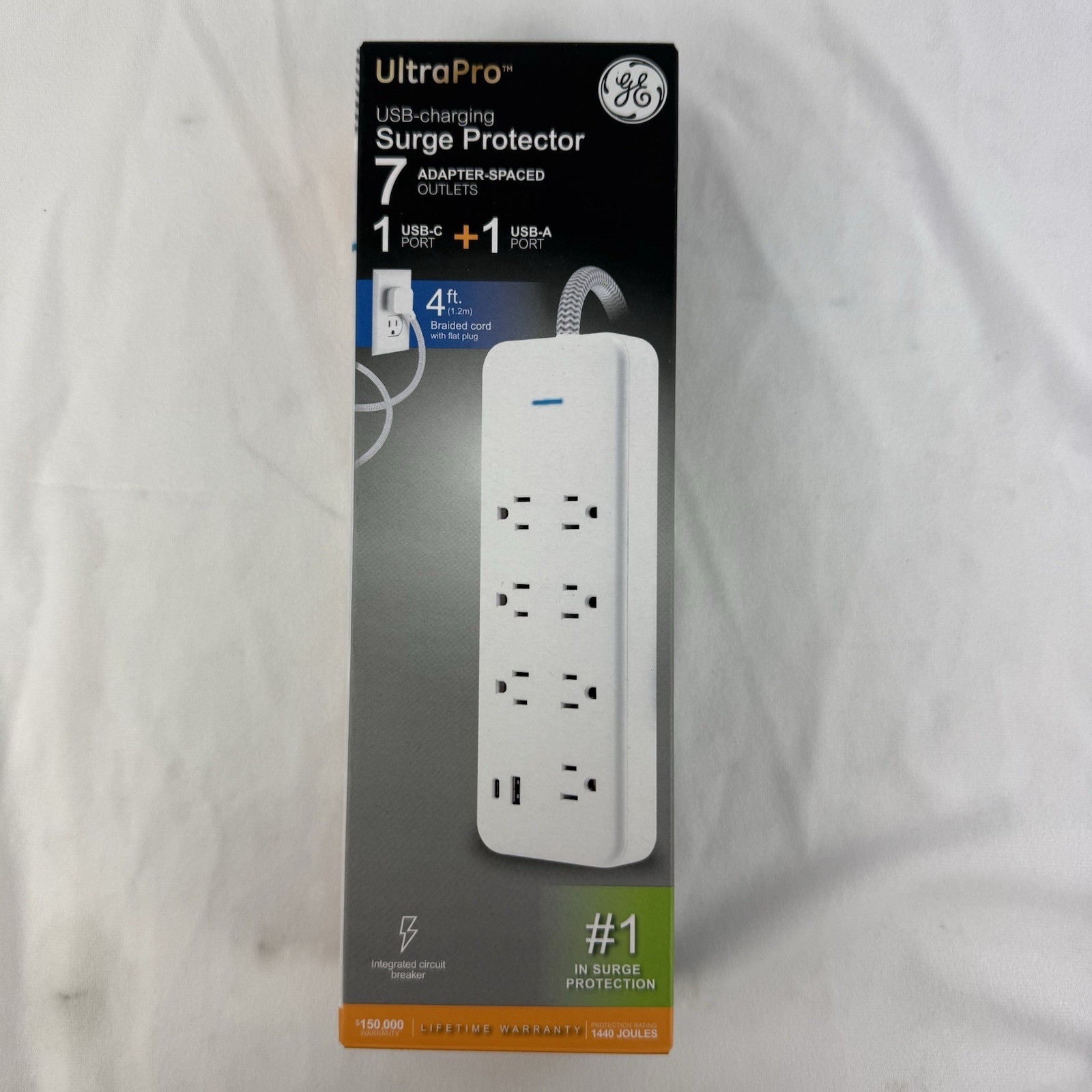 GE UltraPro 7 Outlet Surge Protector, USB-C, USB-A Charging, 4 ft Braided Cord