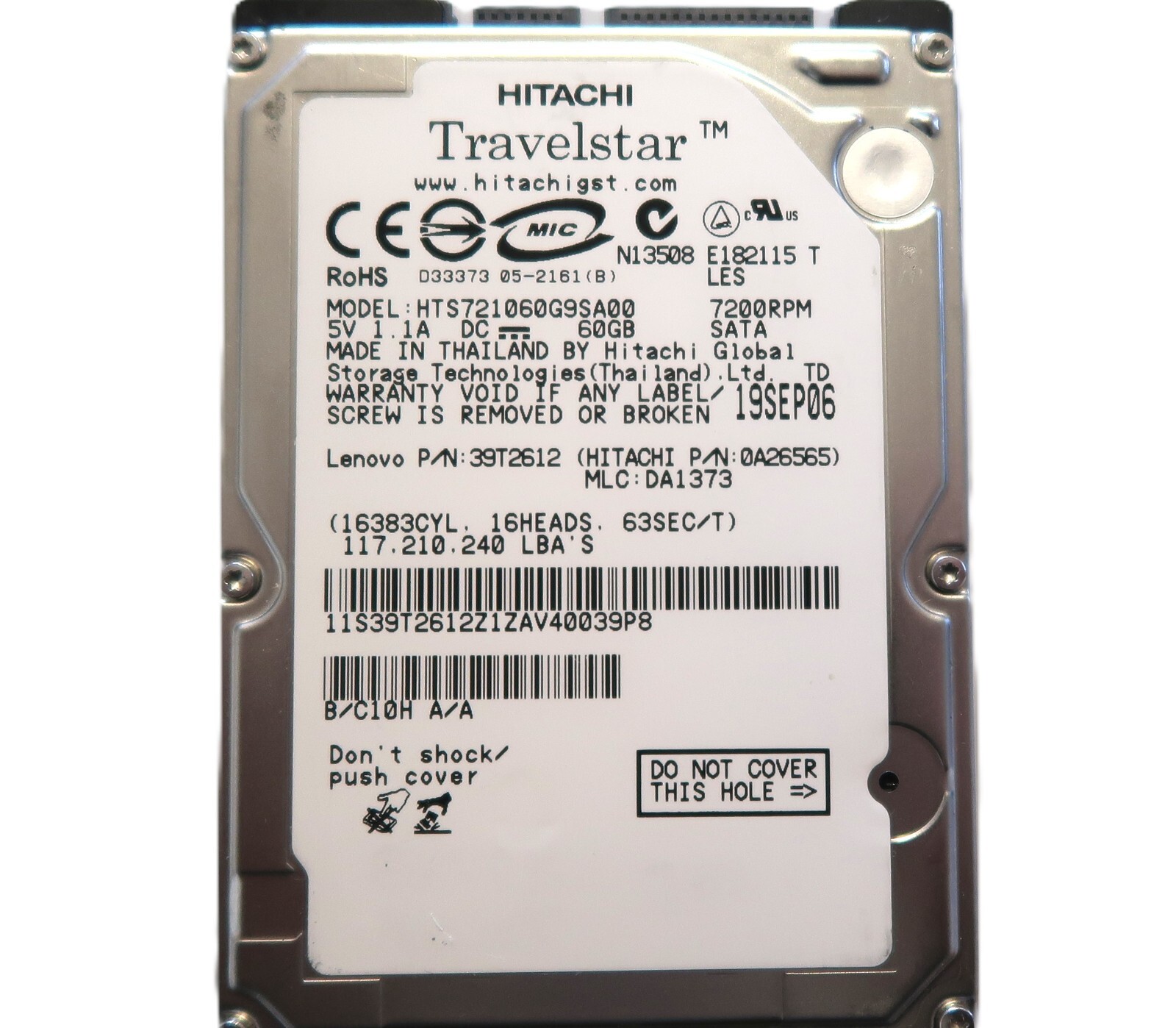 Hitachi HTS721060G9SA00 0A26565 DA1373 (11S3) Thailand 2.5" 60gb Sata 19SEP06