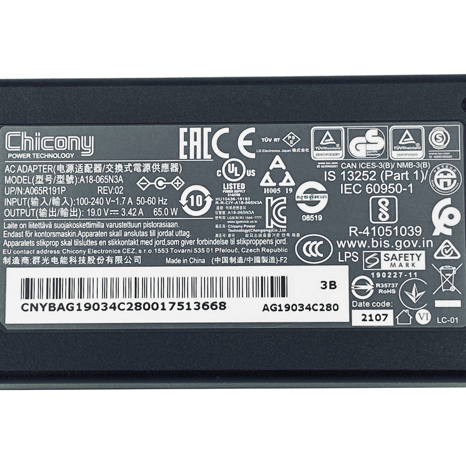 Chicony A18-065N3A  19V 3.42A 65W Power Supply - New Open Box