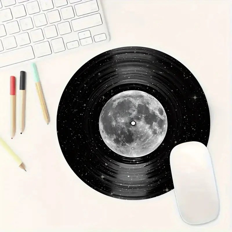 Retro Vinyl Record Mouse Pad Moon Design Round Anti-Slip Desk Mat Laptop Desktop