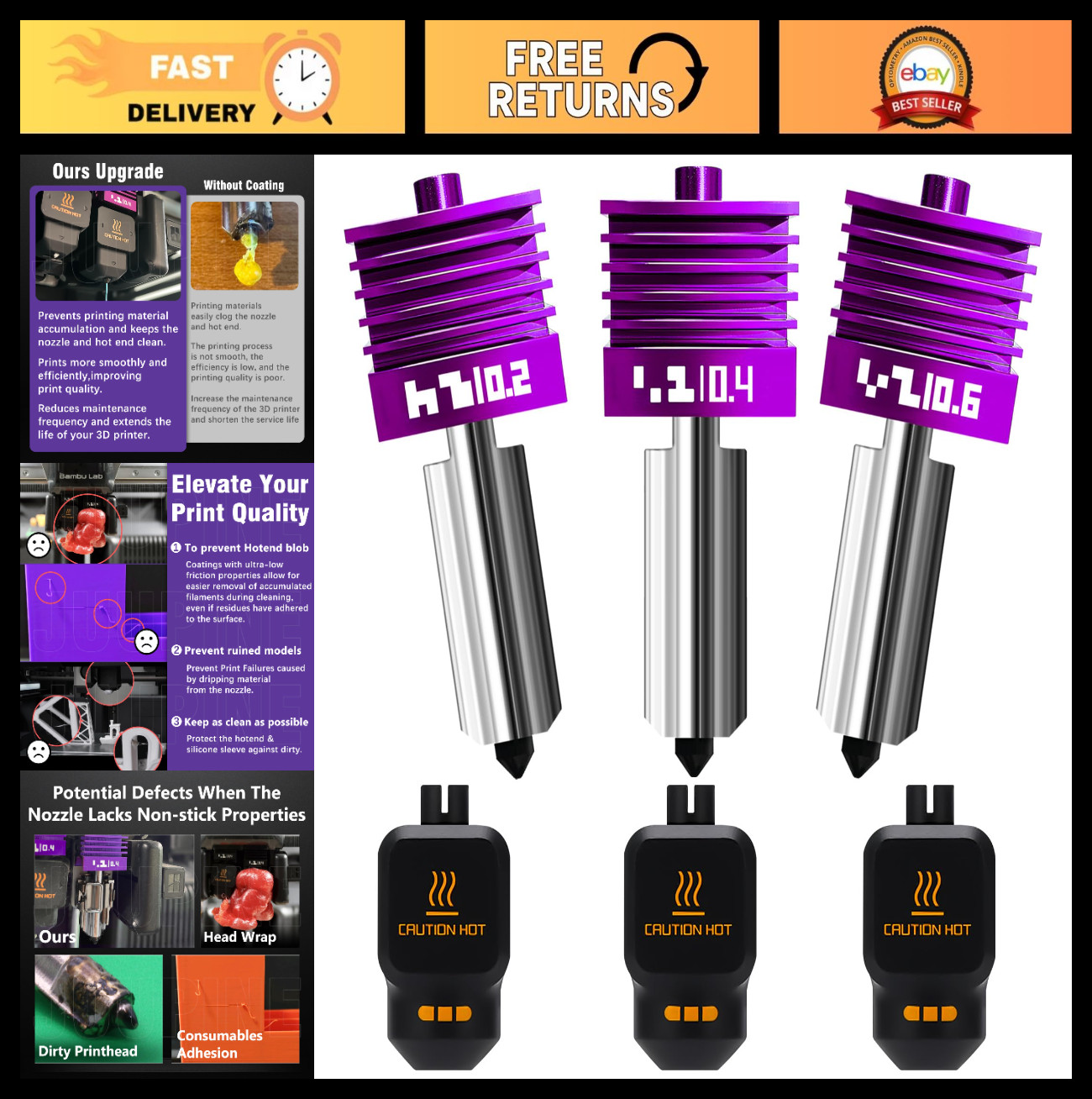 3PK MPVD Hotend Nozzles 0.2/0.4/0.6mm for Bambu Lab X2D P2S H2D Upgrade Kit