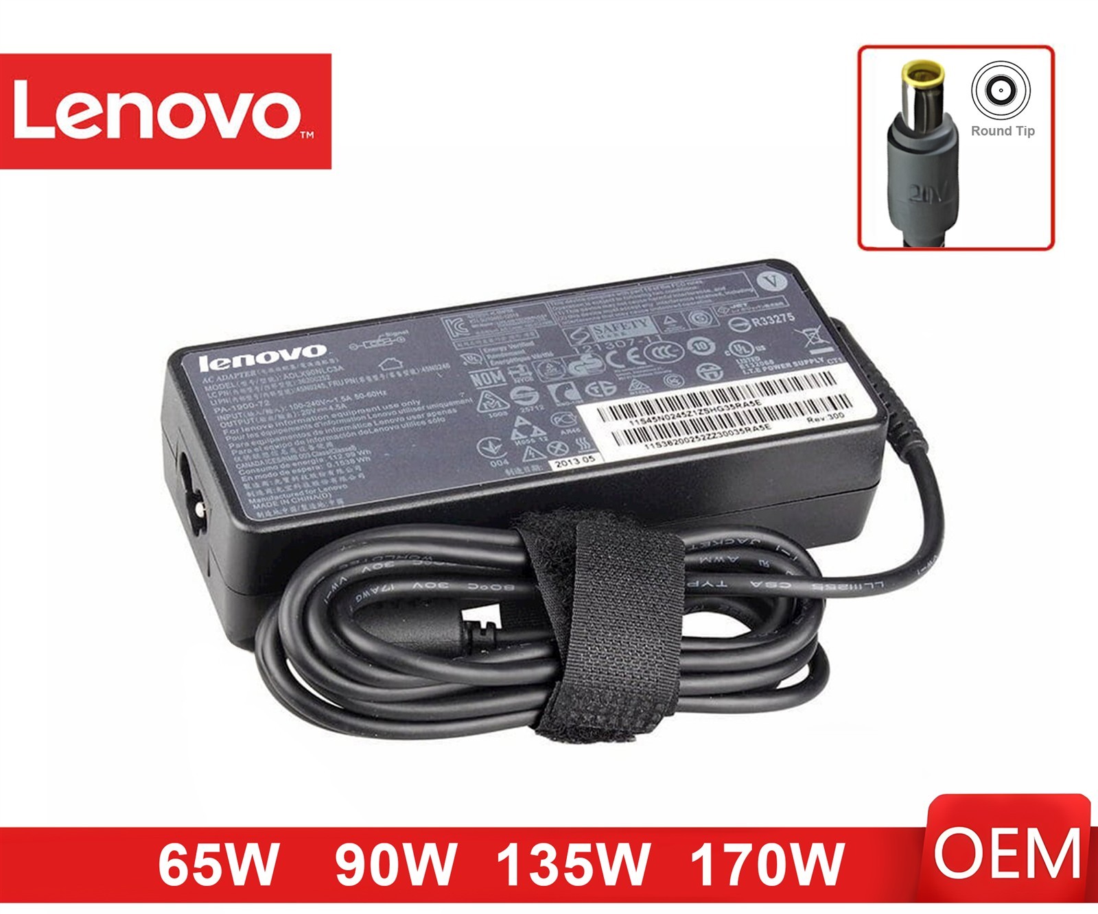 Genuine 65W 90W 135W 170W Round Tip AC Adapter Lenovo ThinkPad OEM