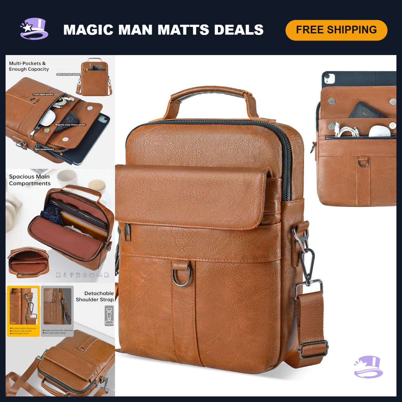 Stylish Brown Leather Bag for 12.9-13 Inch iPad, Tablet Case, Protective Sleeve