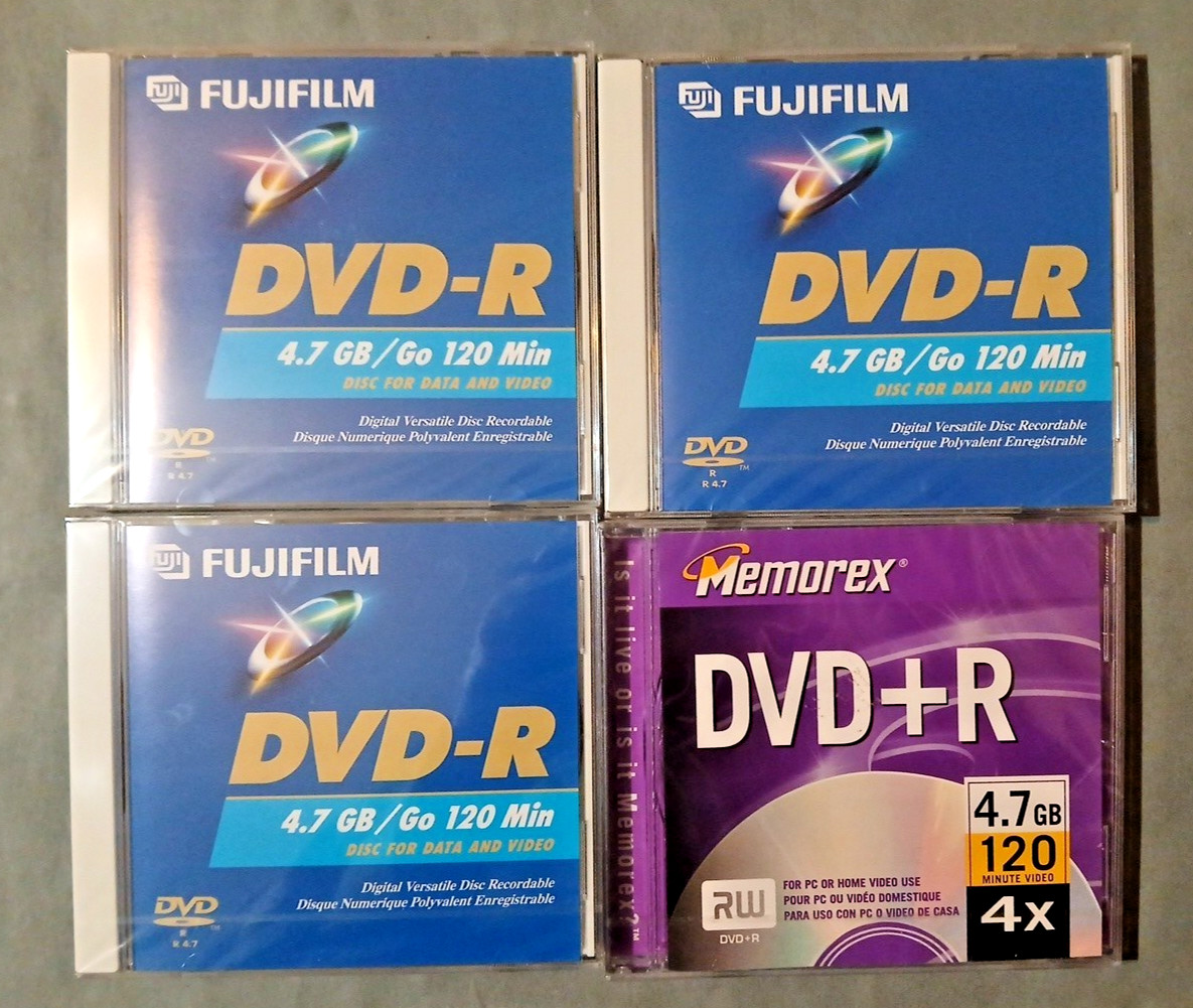 DVD-R 4.7 GB, 3 Fujifilm + 1 Memorex RW Discs, Brand New