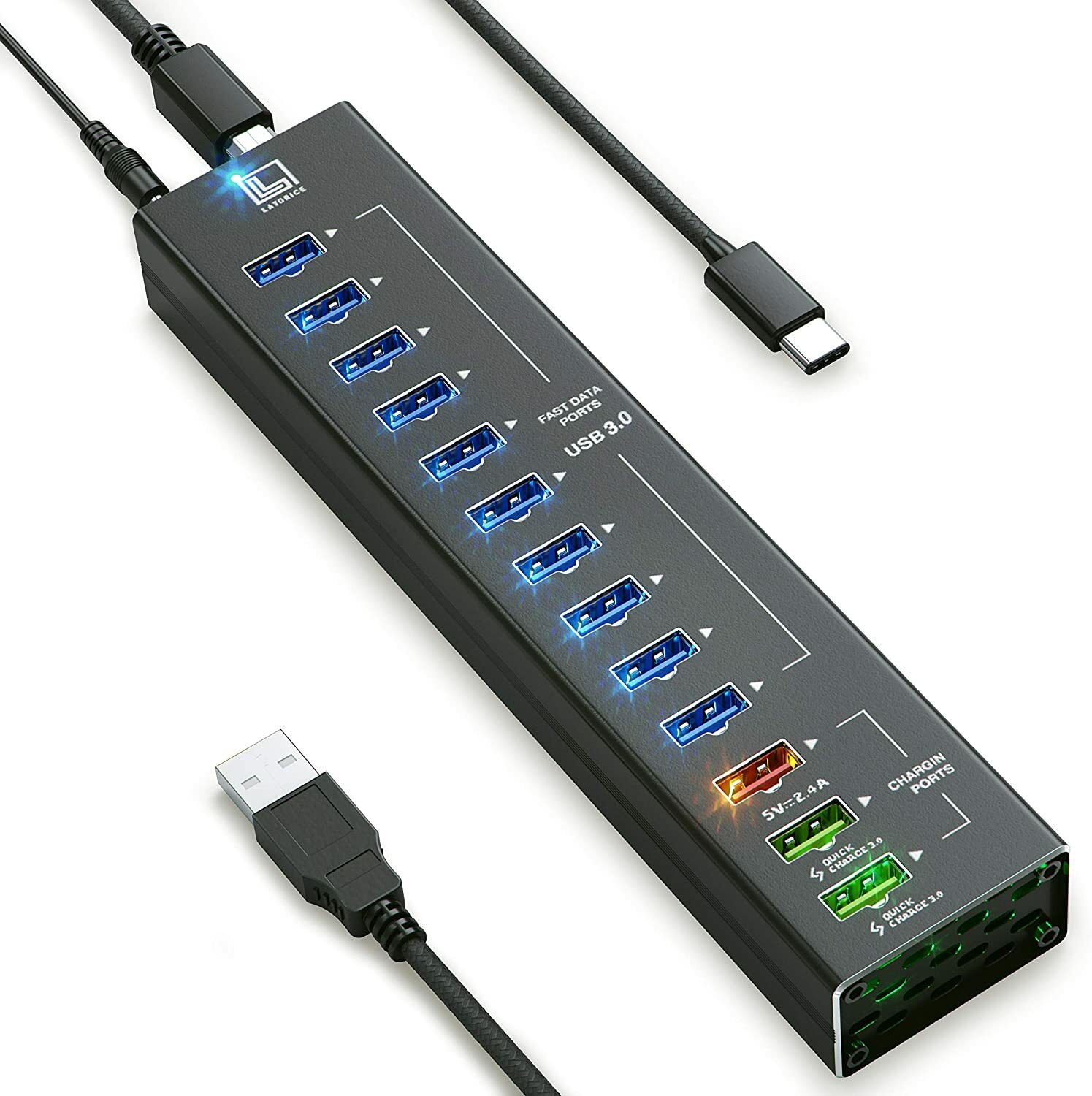 Quick Charge USB Hub Powered, 13 Multi-Port USB Hub with 10 USB 3.0 Ports 2 IQ  