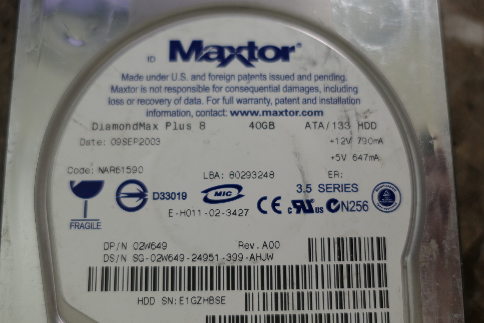 Hard Disk Drive IDE Maxtor DiamondMax Plus 8 40GB 80293248 E-H011-02-3427