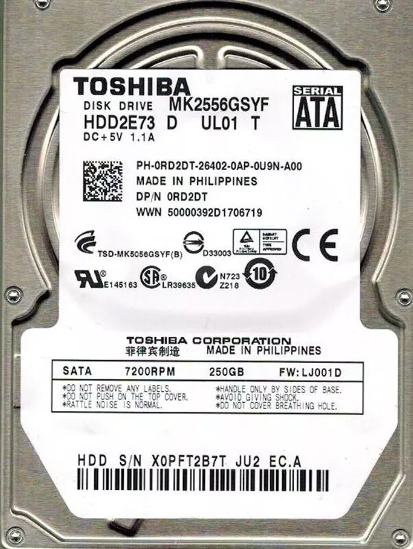 TOSHIBA MK2556GSYF 250GB HDD2E73 D UL01 T F/W: LJ001D