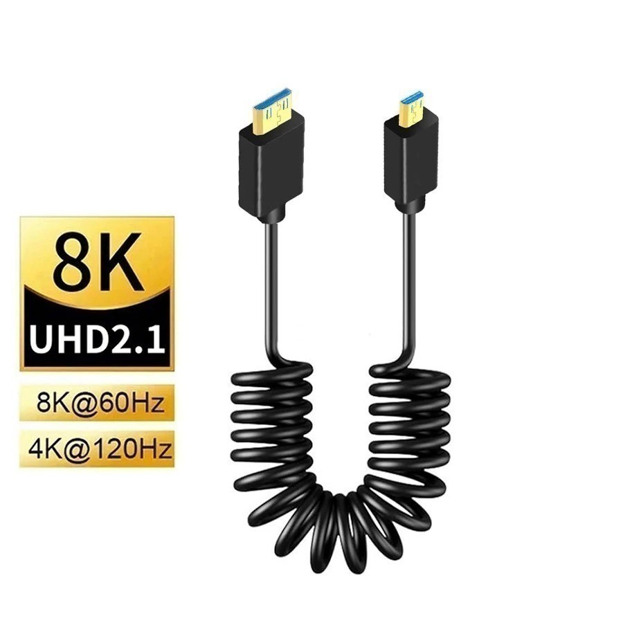 8K 48Gbps Mini Micro HDMI to HDMI Coiled Cable for Projector, Monitor, Camcorder