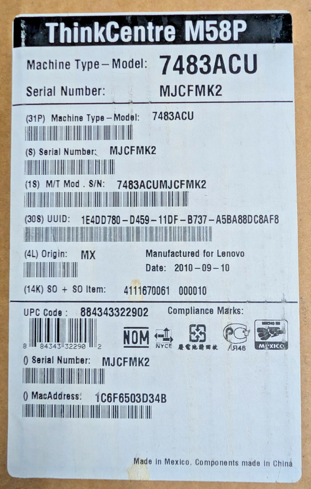 Lenovo Desktop ThinkCentre M58p Model:7483ACU