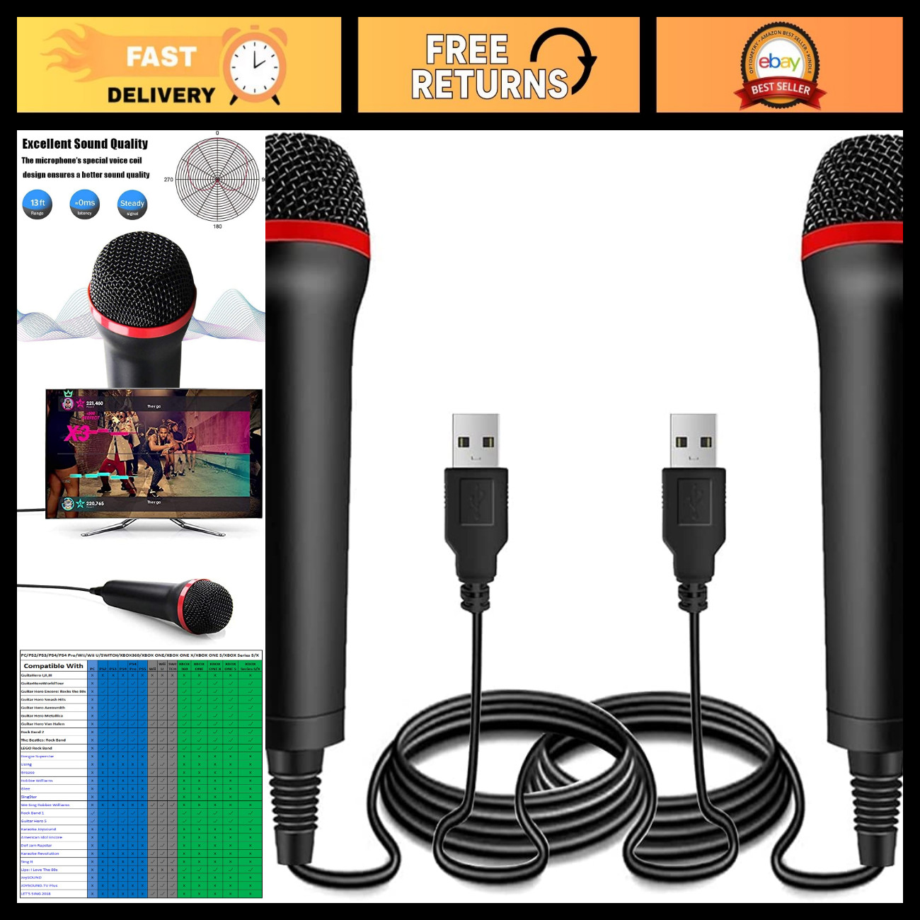 13ft Wired USB Microphone 2-Pack for Rock Band, Guitar Hero, Let's Sing - PS2/PS