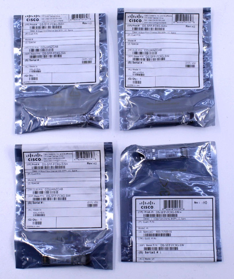 Lot of 4 New Cisco DS-SFP-FC8G-SW 8-Gbps SFP+ Transceiver Modules