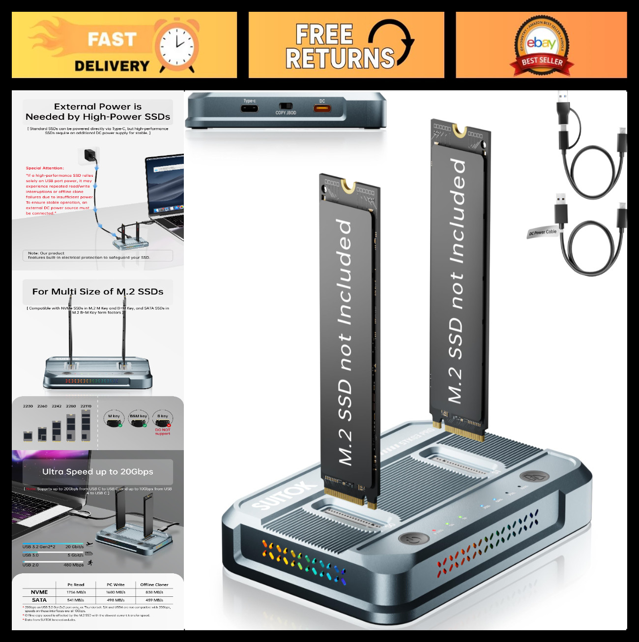 Dual-Bay M.2 SSD Cloner NVMe Duplicator 20Gbps Tool-Free Enclosure 16TB Storage