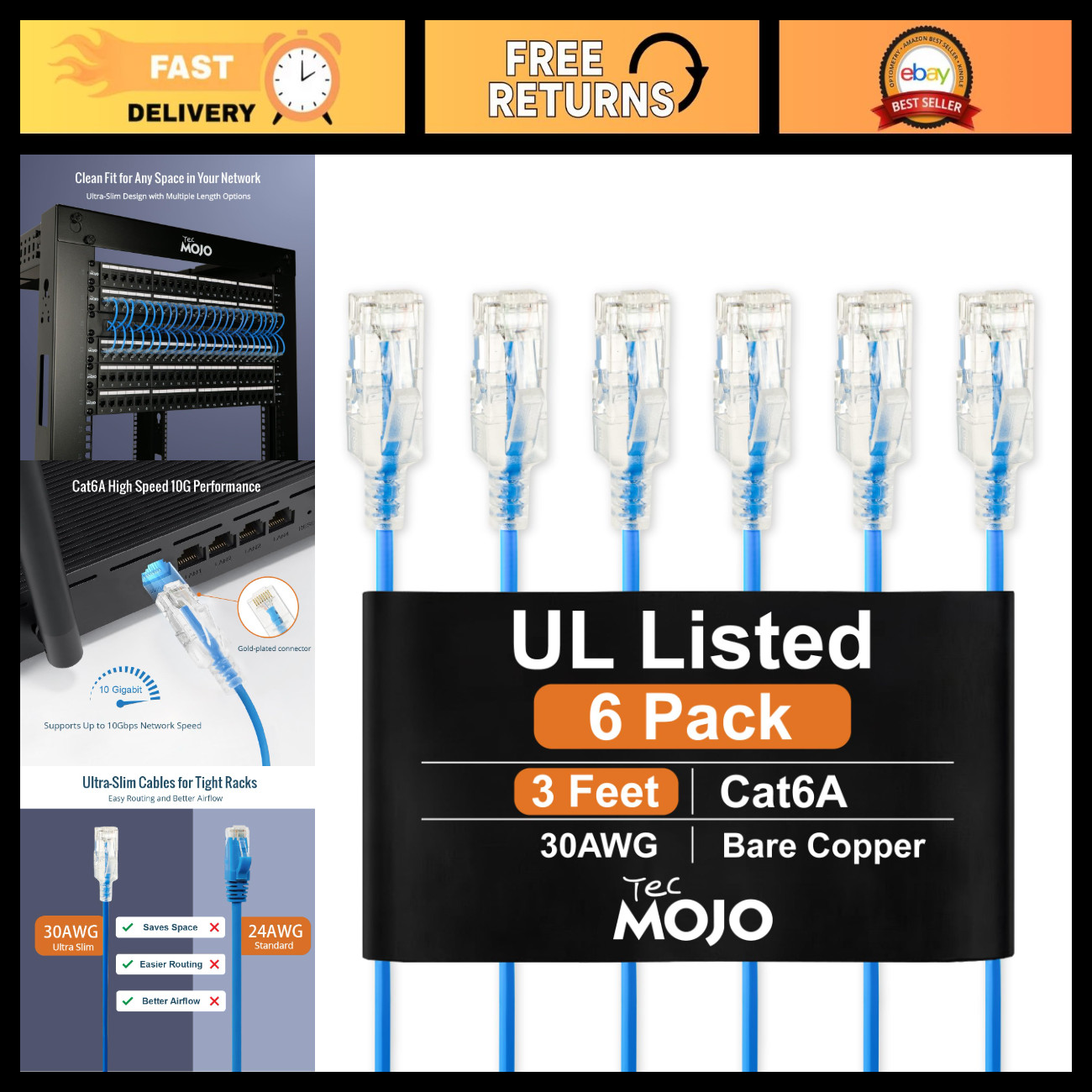 Ultra Slim Cat6A Ethernet Cable 3FT, 23AWG, 6-Pack, High-Speed Network Cable, Bl