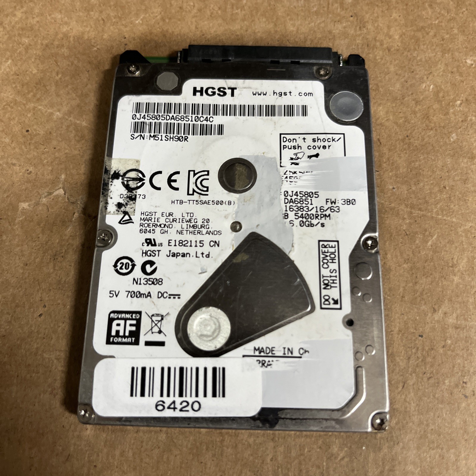 HGST HDD Hard Drive SATA Laptop 2.5" HTS545050A7E680 500GB J45805 DA6851 FW: 3B0