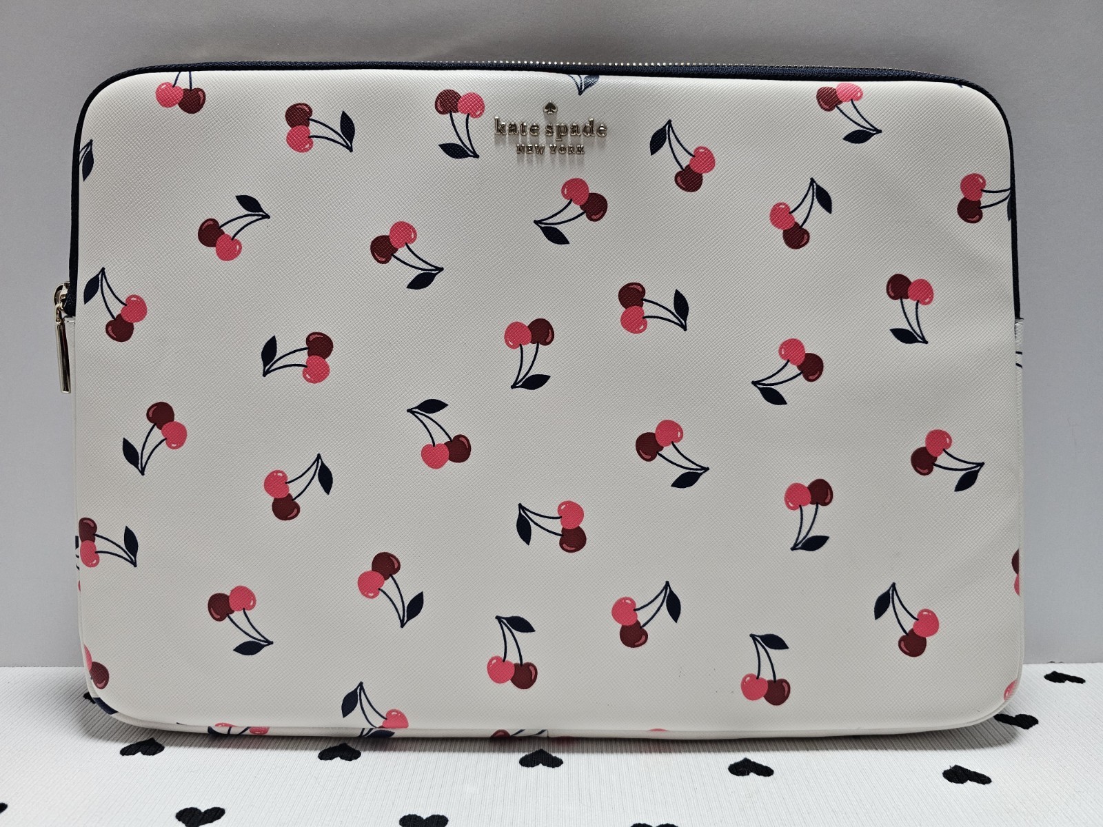 Kate Spade K4465 Cherry Print Laptop Sleeve Case Cream Pink Red Zip