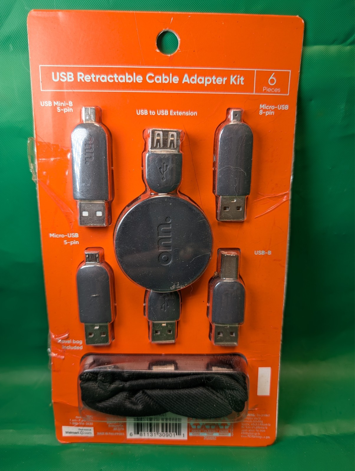 onn Surf USB Retractable Cable 6-Pc Adapter Kit Micro-USB Mini-B USB-B NEW