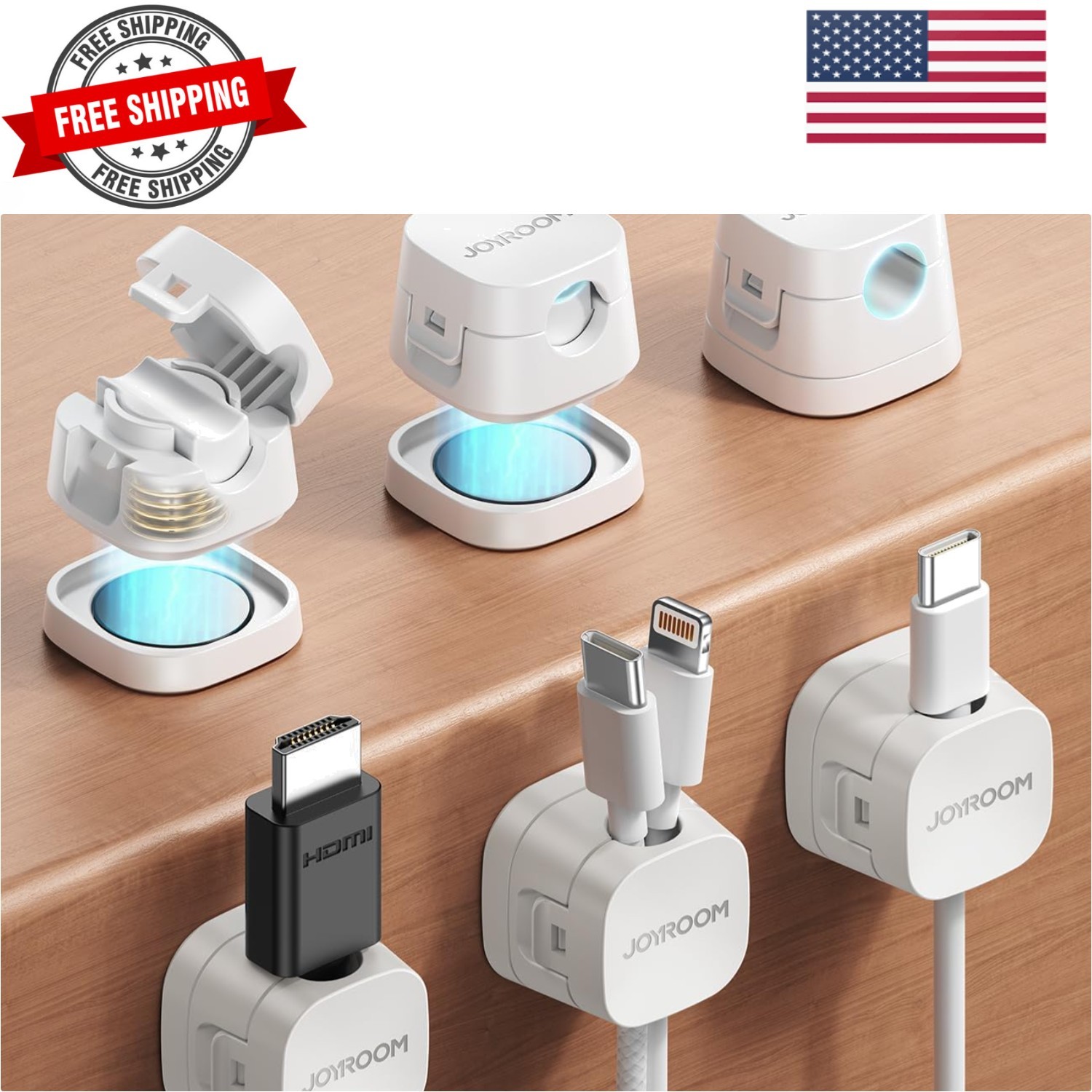 Detachable Magnetic Cord Organizer w/Secure Snap-Lock, 2-in-1 Adhesive& Magne...