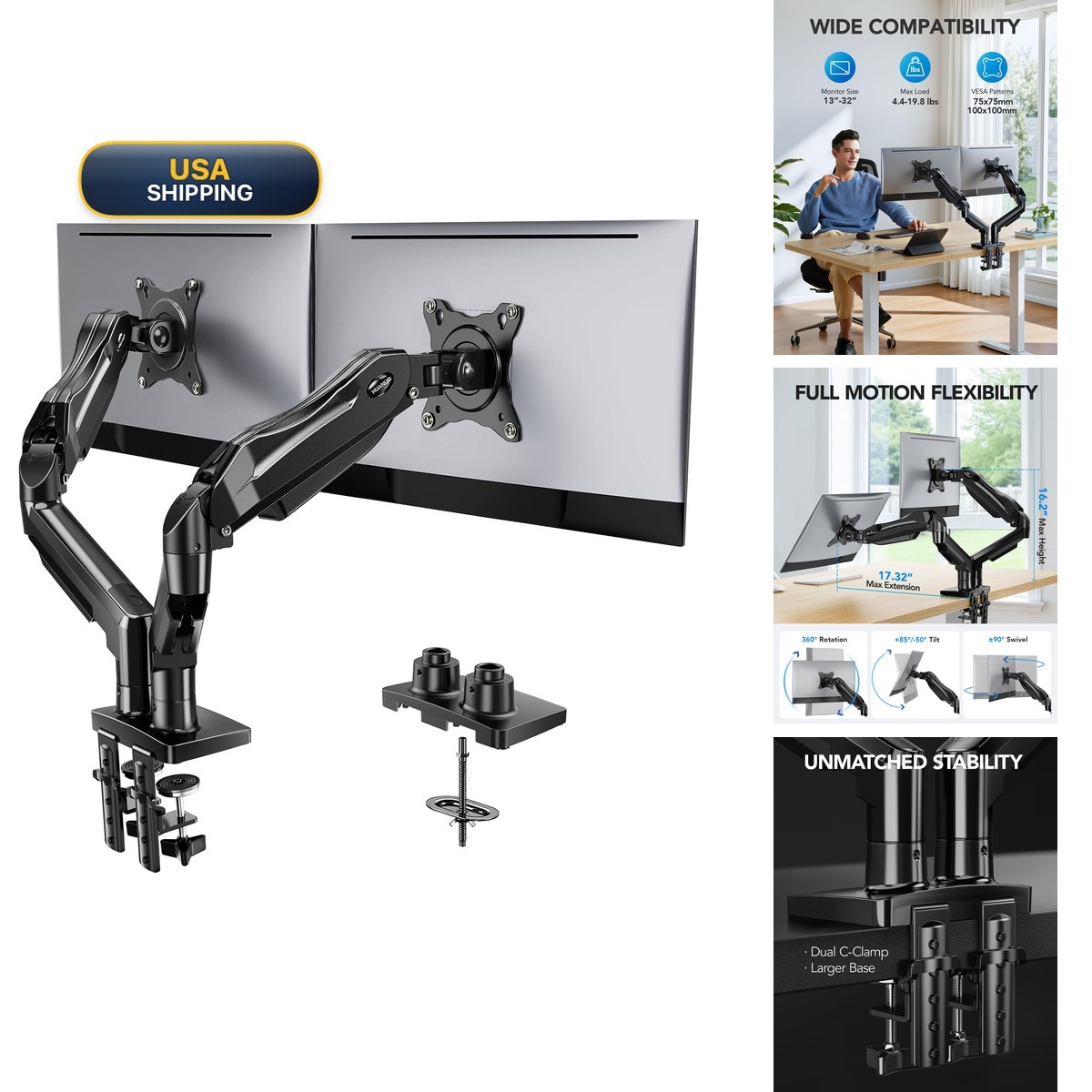 HUANUO HNDS6 FlowLift Dual Monitor Stand Desk Mount C-Clamp Grommet for 13-32"