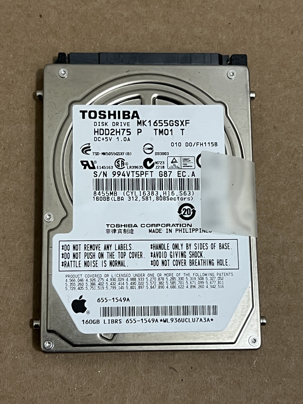 Toshiba MK1655GSXF HDD2H75 P TM01 T 010 D0/FH115B 655-1549A 2.5" 160GB Sata HDD