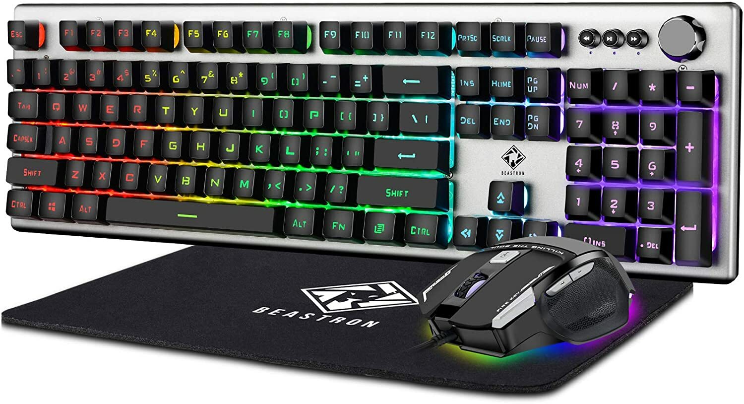 Beastron Colorful Backlit Gaming Keyboard + Mouse & Mouse pad, Multimedia knob