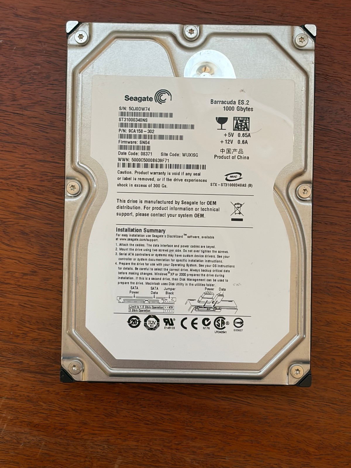 Seagate Barracuda ES.2 1TB 3.5" SATA Hard Drive (ST31000340NS)