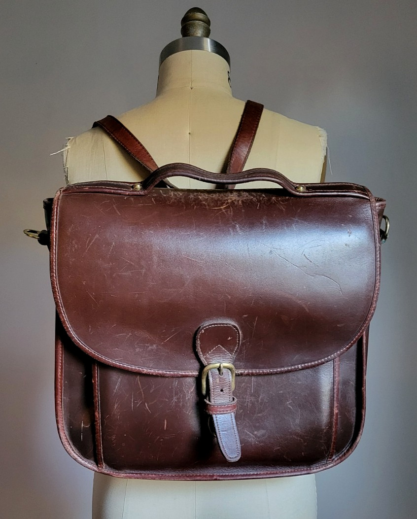 VTG ASTON BROWN GENUINE LEATHER BACKPACK LAPTOP CASE CONVERTS TO CROSS BODY USA