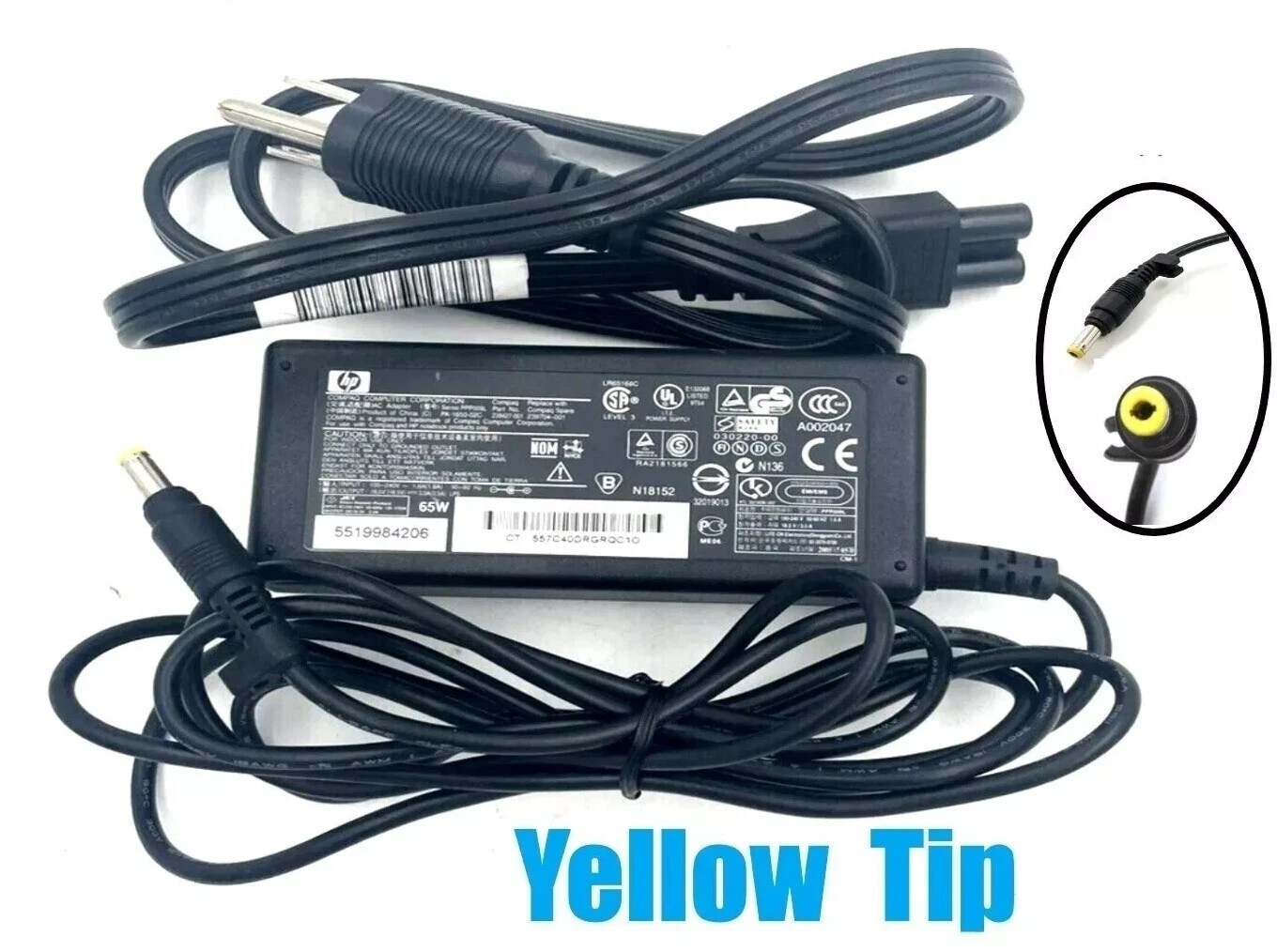OEM HP 530 550 620 625 Pavilion 2500 65W AC Power Adapter Charger Yellow Tip
