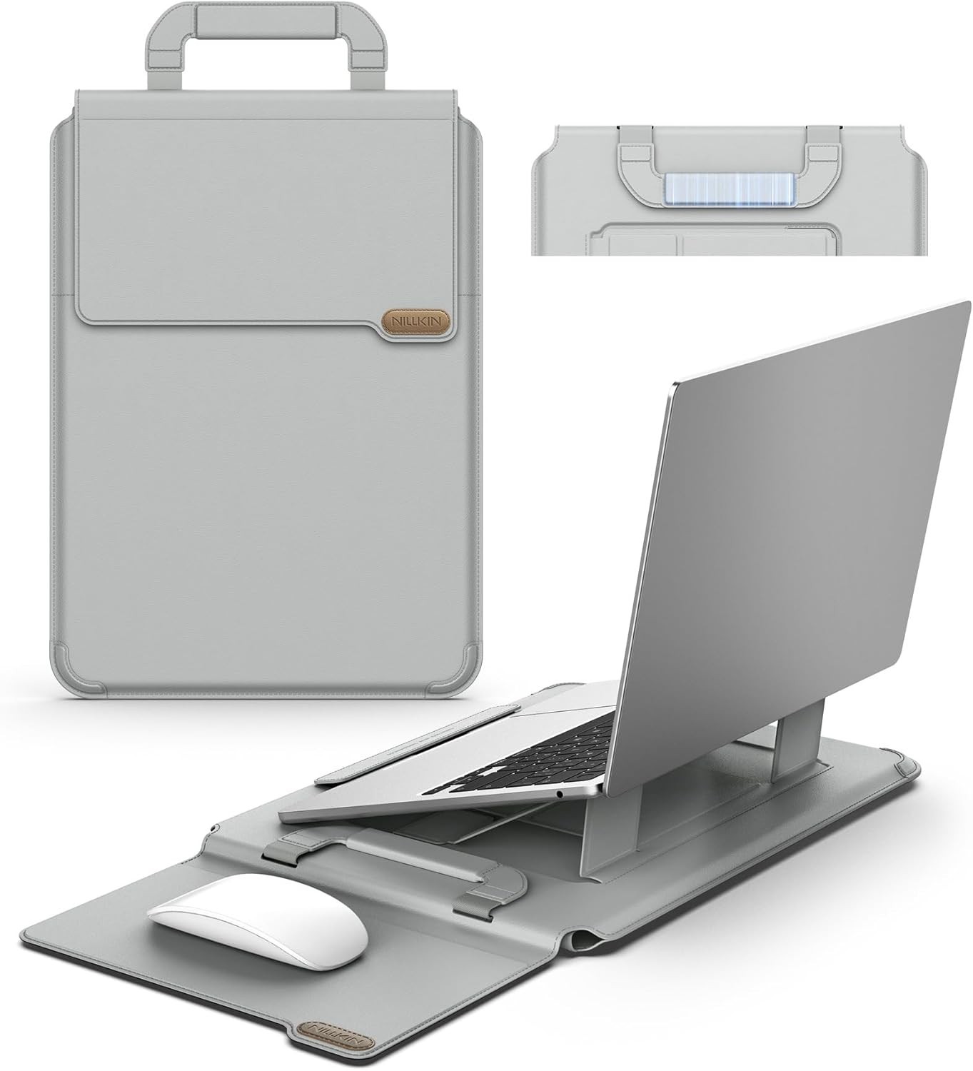 Nillkin 16 in PU Laptop Sleeve Stand Mouse Pad Handle Gray Travel Office