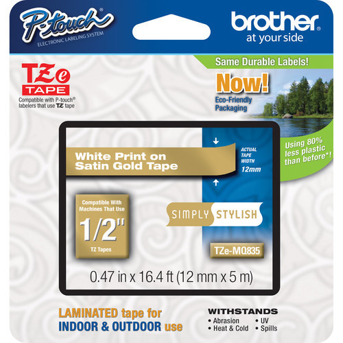 Brother TZeMQ835 12mm 1/2" white on satin gold TZ tape PT P750W E500 H500 H500LI