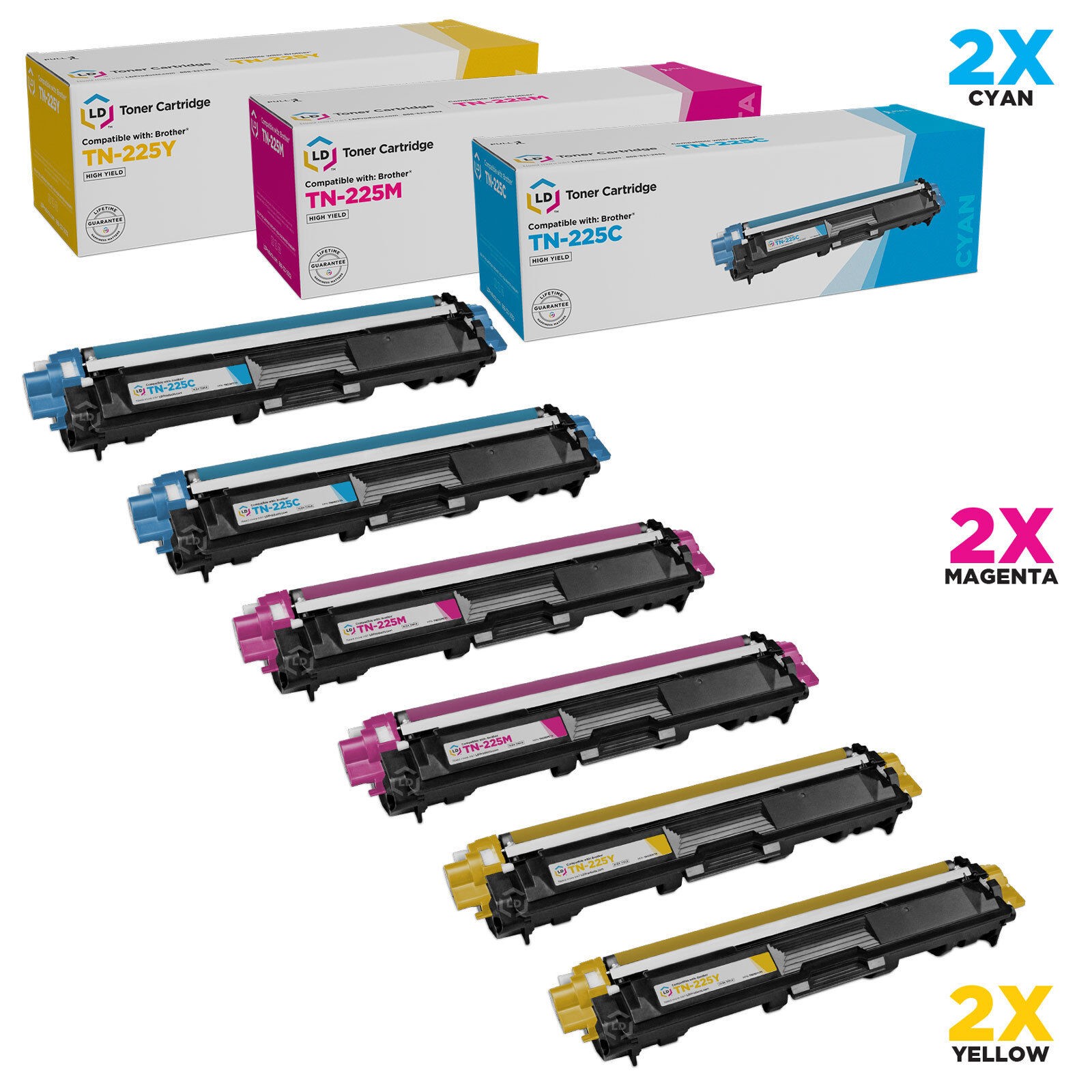 LD Compatible Brother TN225 6PK Cartrtidges: 2 TN225C, 2 TN225M, 2 TN225Y