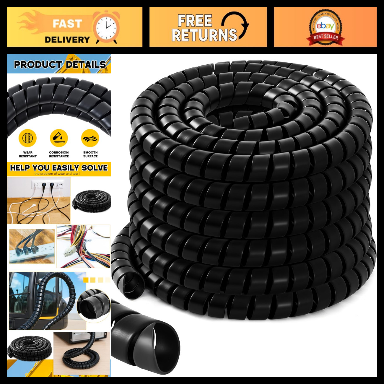 Spiral Wrap Cable Protector 3/4" OD x 20' Pre-Cut Hydraulic Hose Sleeve - Black