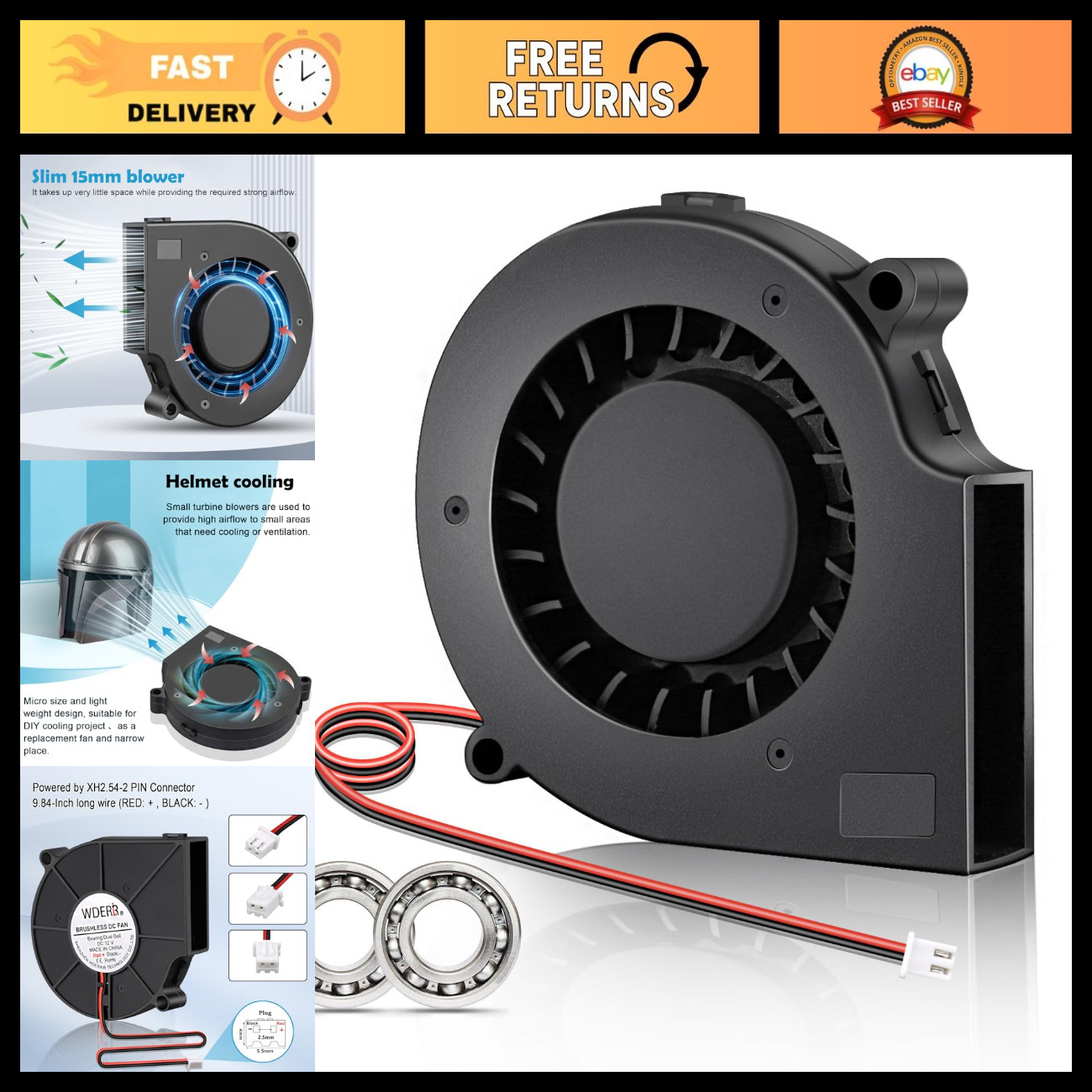 12V Brushless Mini Turbo Blower Fan 75mm x 15mm for Humidifiers, Helmets, 3D Pri