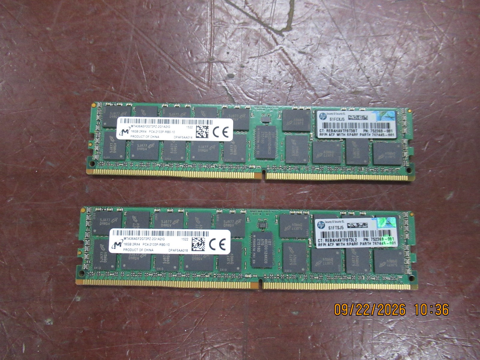 Lot of 2 Micron 16GB 2Rx4 PC4-2133P DDR4 MTA36ASF2G72PZ-2G1A2IG Memory  RAM