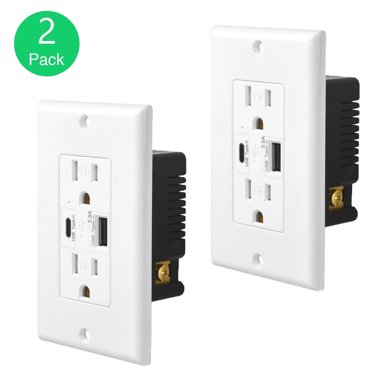 2PK 5.8A USB Wall Socket Outlet AC Power Receptacle Type-C Fast Charger Plug 15A