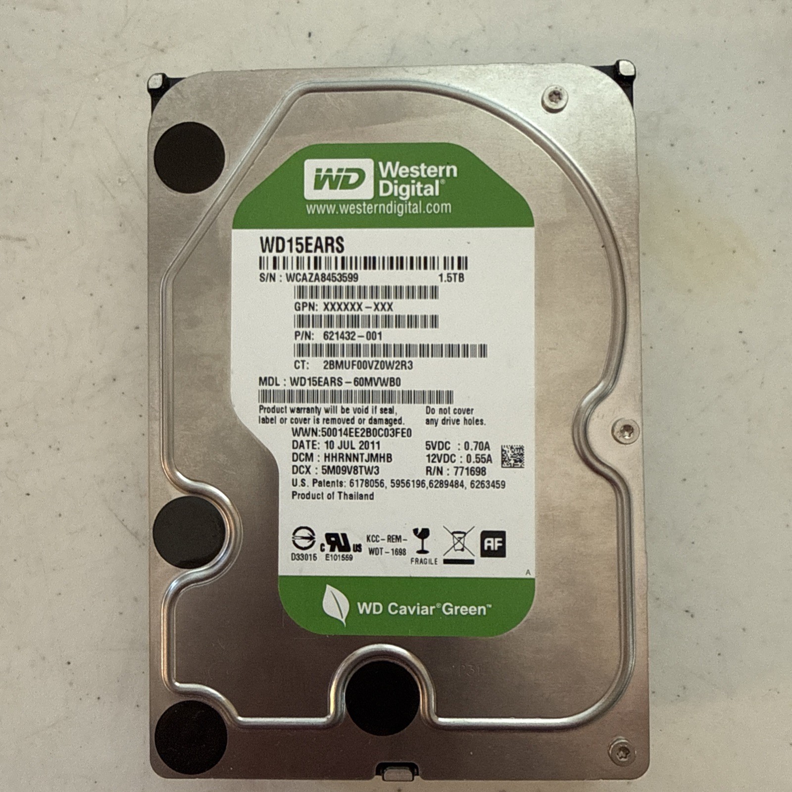 WD WD15EARS-60MVWB0 HHRNNTJMHB (WCAZ) Thailand 1.5TB 3.5" Sata HDD July/2011