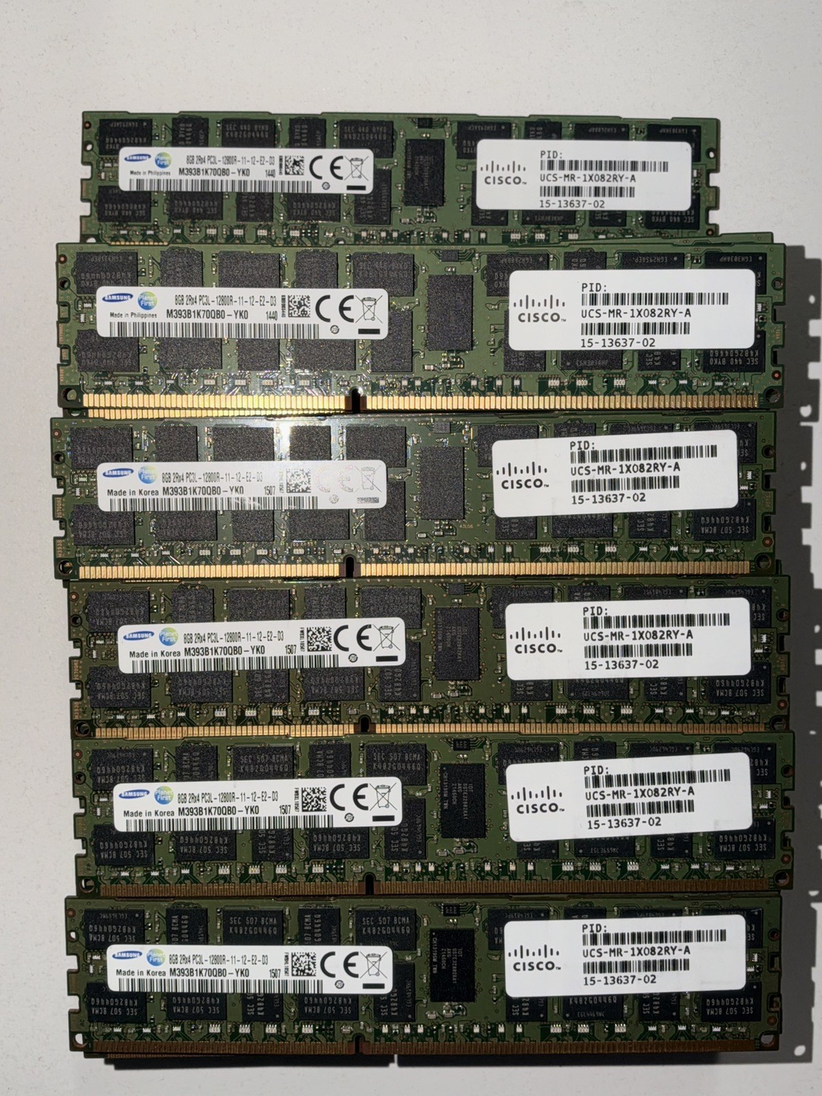 Lot of 51 Samsung 8GB 2Rx4 PC3L-12800R DDR3L-1600MHz Server RAM M393B1K70QB0-YK0
