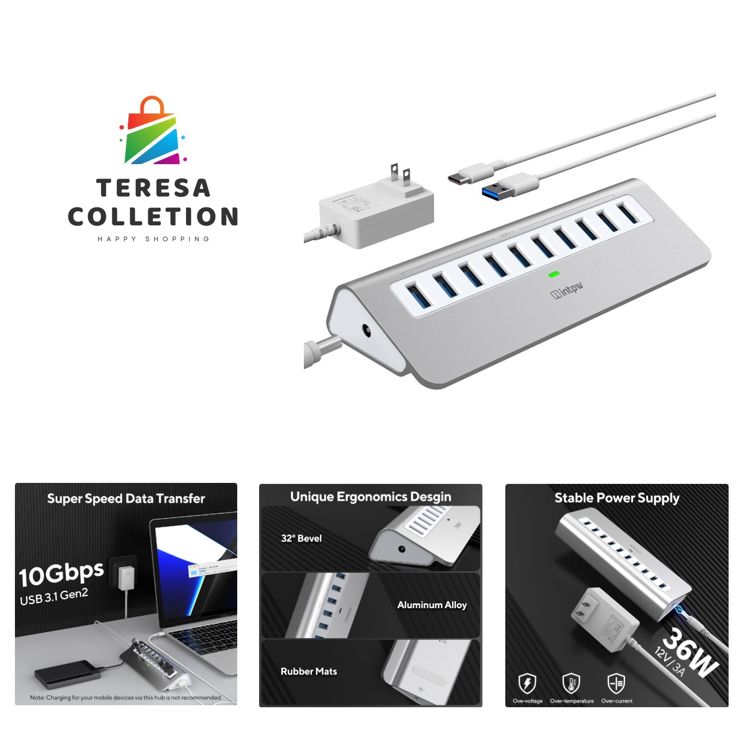 Powered USB Hub, 10 Port USB 3.1 Hub with 10Gbps Data Transfer, 36W12V/3A Pow...