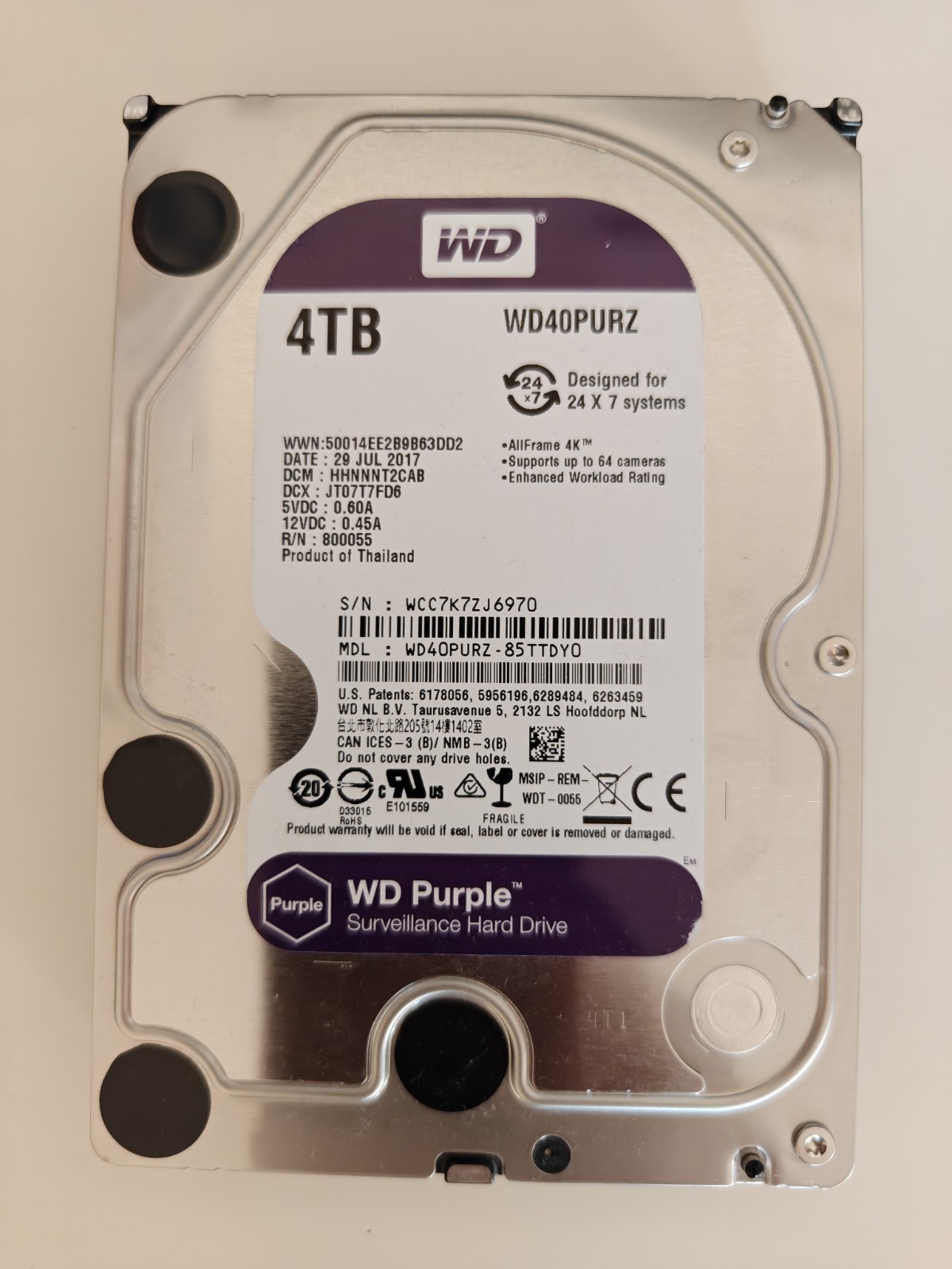 Western Digital 4TB WD40PURZ Purple SATA 6Gb/s 3.5" Hard Drive