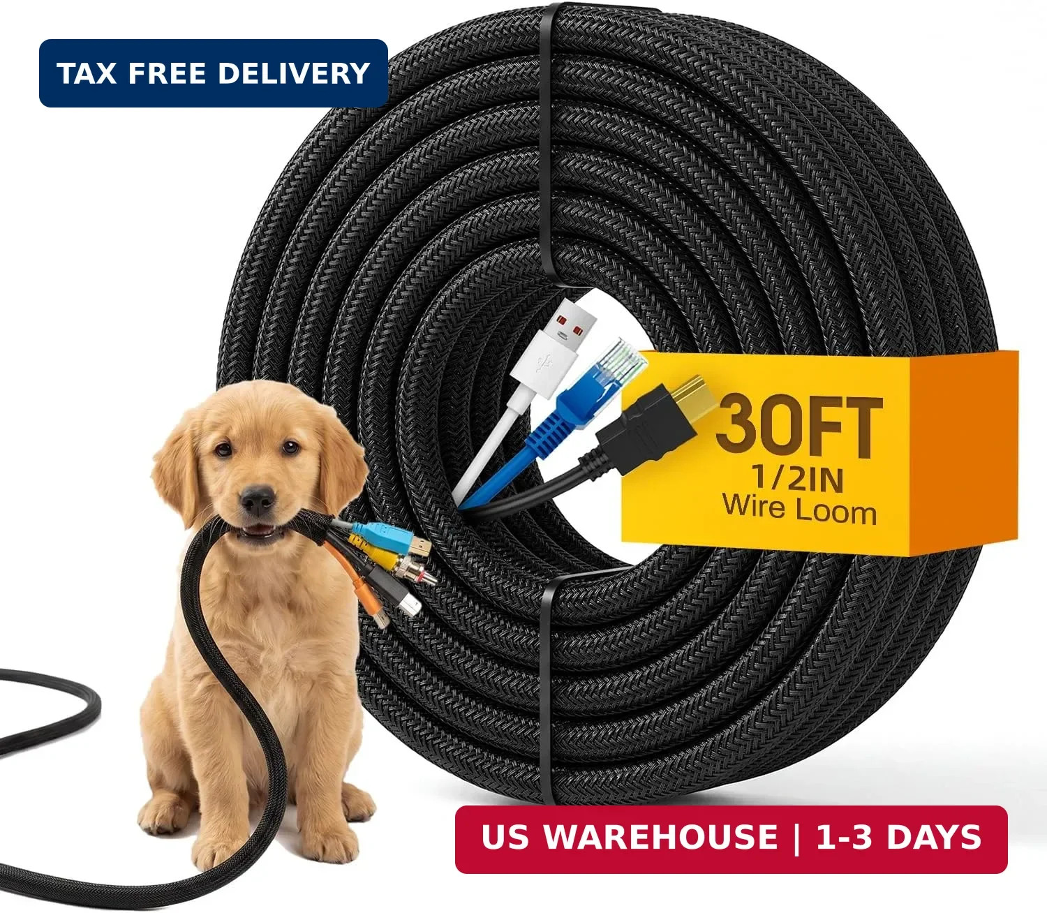 30ft Wire Loom Automotive, 1/2in Cord Protectors from Pets no Chew, Black