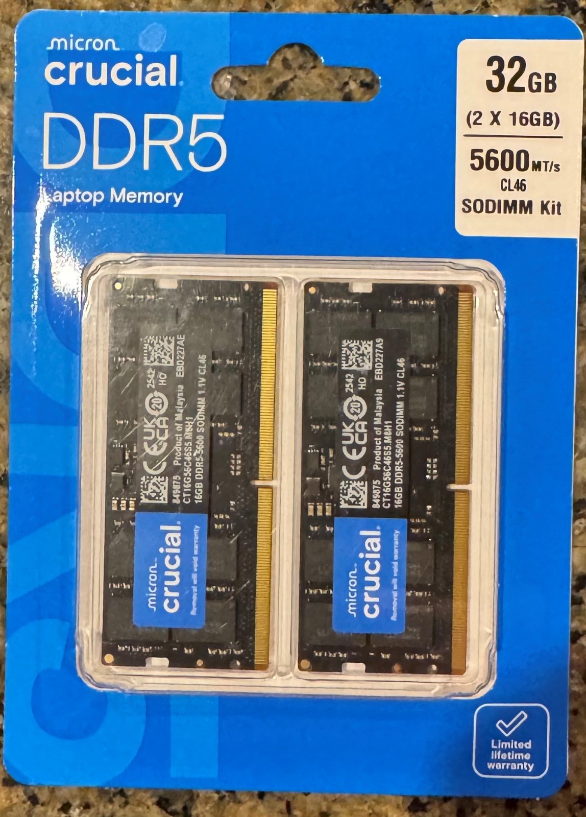 NEW Crucial 32GB Kit (2x16GB) DDR5 5600 MT/s CL46 SODIMM Laptop RAM CT2K16G56C46