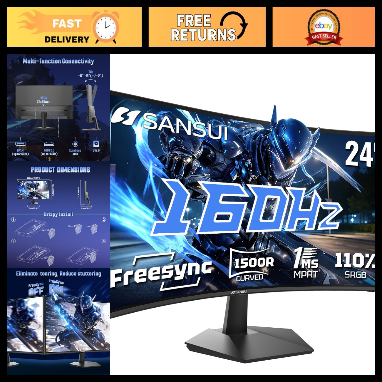 24" Curved 160Hz Gaming Monitor, 1500R Ultra-Wide Display, Immersive Gaming Expe