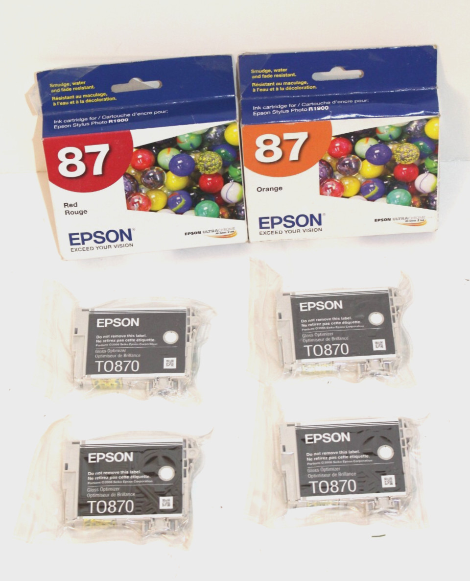 6 Genuine Sealed TO87 Epson Cartridges 4 Black 1 Magenta & 1 Orange