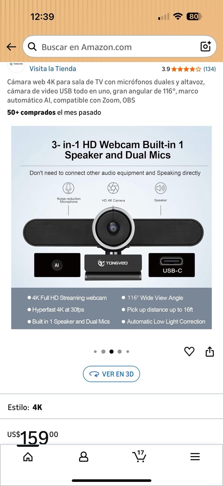 Tongveo 4K USB-C Conference Webcam, Speaker, Dual Mics, Auto-Focus, Black