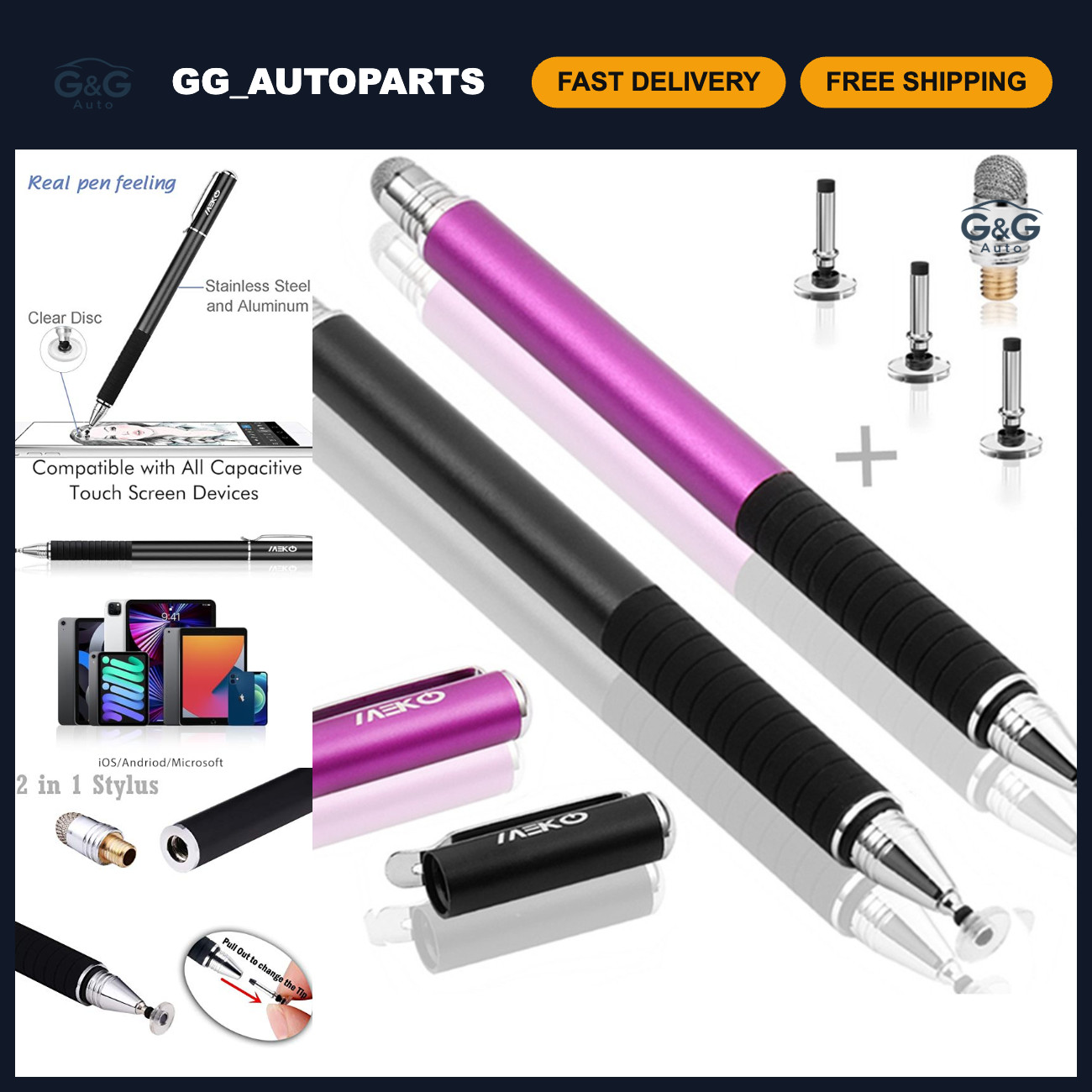 2-in-1 Precision Disc Stylus for Touch Screens - 2 Pcs, 4 Replaceable Tips, Blac
